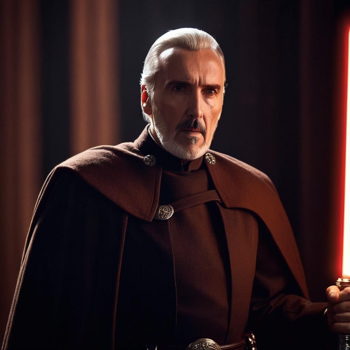 cinematic film still of  <lora:Count Dooku Darth Tyranus:1.2>Count Dooku Darth Tyranus a man with a sword in a dark room in star wars universe, shallow depth of field, vignette, highly detailed, high budget, bokeh, cinemascope, moody, epic, gorgeous, film grain, grainy