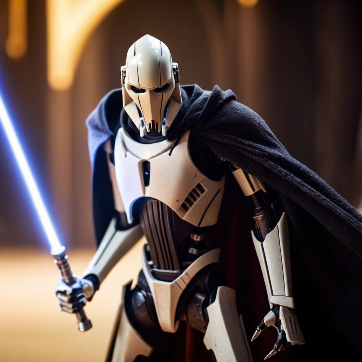 cinematic film still of  <lora:General Grievous:1>General Grievous a Cyborg in a cape with a light saber in star wars universe, shallow depth of field, vignette, highly detailed, high budget, bokeh, cinemascope, moody, epic, gorgeous, film grain, grainy