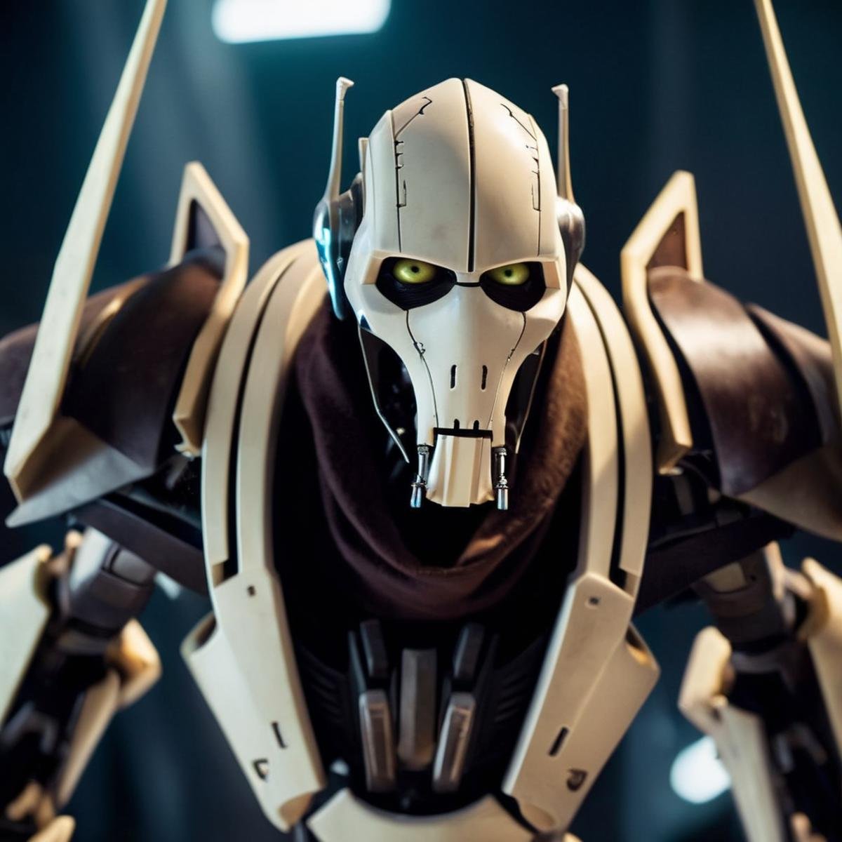 cinematic film still of  <lora:General Grievous:1>General Grievous a Cyborg with a metal face and body and creepy eyes in star wars universe, shallow depth of field, vignette, highly detailed, high budget, bokeh, cinemascope, moody, epic, gorgeous, film grain, grainy