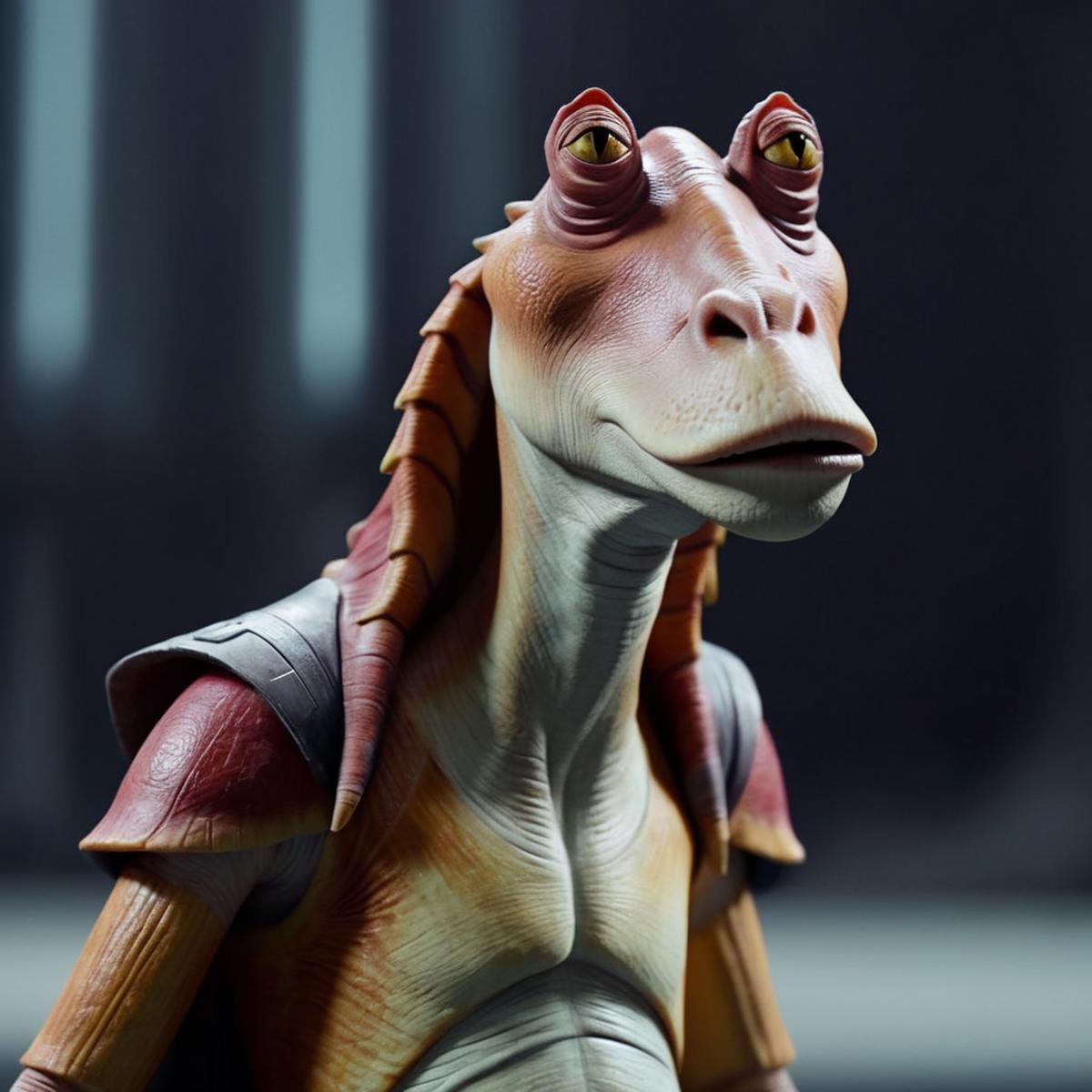 cinematic film still of  <lora:Jar Jar Binks :1>Jar Jar Binks a cartoon character is posed on a gray surface in star wars universe, shallow depth of field, vignette, highly detailed, high budget, bokeh, cinemascope, moody, epic, gorgeous, film grain, grainy