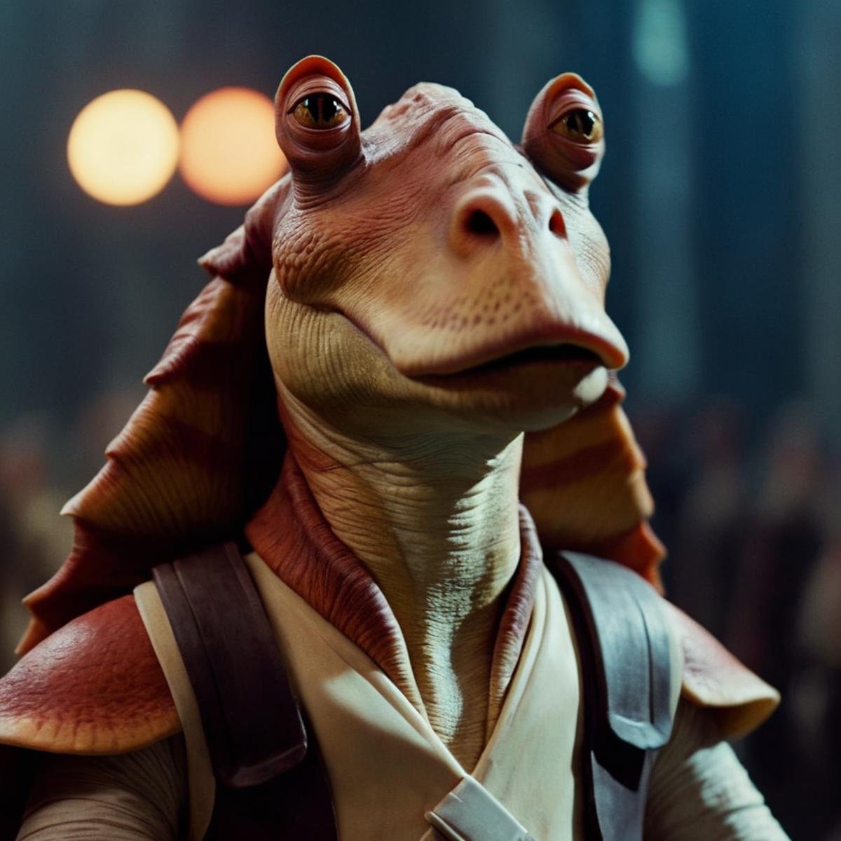 cinematic film still of  <lora:Jar Jar Binks :1>Jar Jar Binks a close up of a person in a costume in star wars universe, shallow depth of field, vignette, highly detailed, high budget, bokeh, cinemascope, moody, epic, gorgeous, film grain, grainy