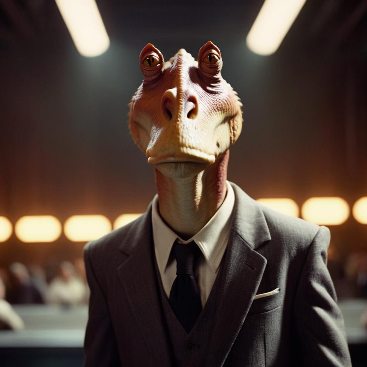 cinematic film still of  <lora:Jar Jar Binks :1>Jar Jar Binks a man in a suit and a horned head in star wars universe, shallow depth of field, vignette, highly detailed, high budget, bokeh, cinemascope, moody, epic, gorgeous, film grain, grainy