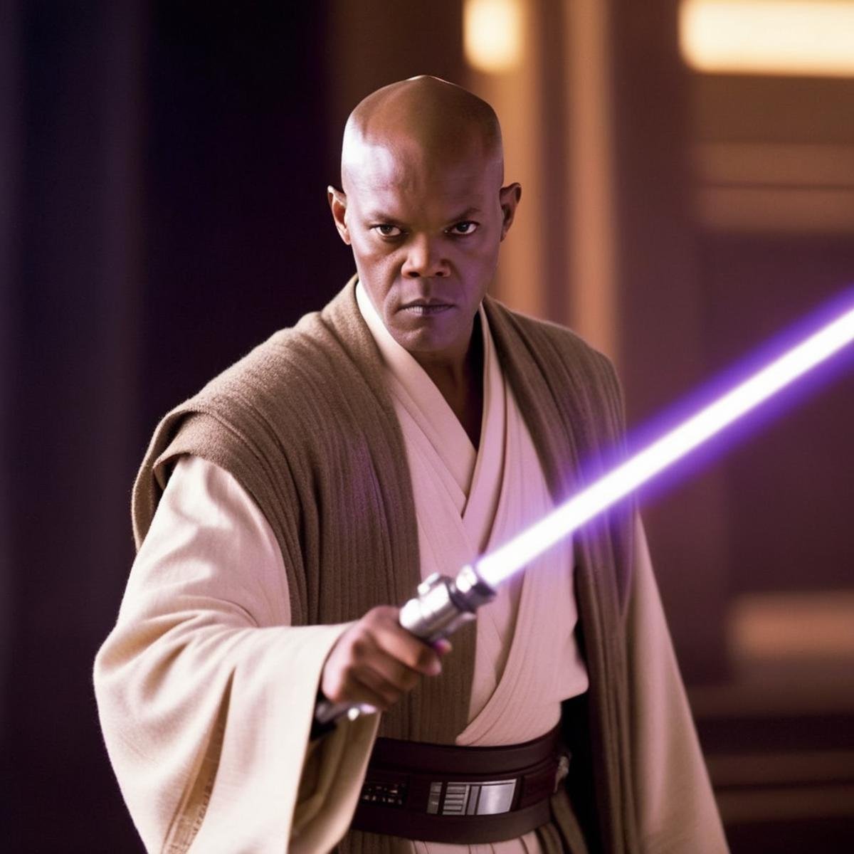 cinematic film still of  <lora:Mace Windu:1.2>Mace Windu a man in a jedi costume holding a purple light saber in star wars universe, shallow depth of field, vignette, highly detailed, high budget, bokeh, cinemascope, moody, epic, gorgeous, film grain, grainy