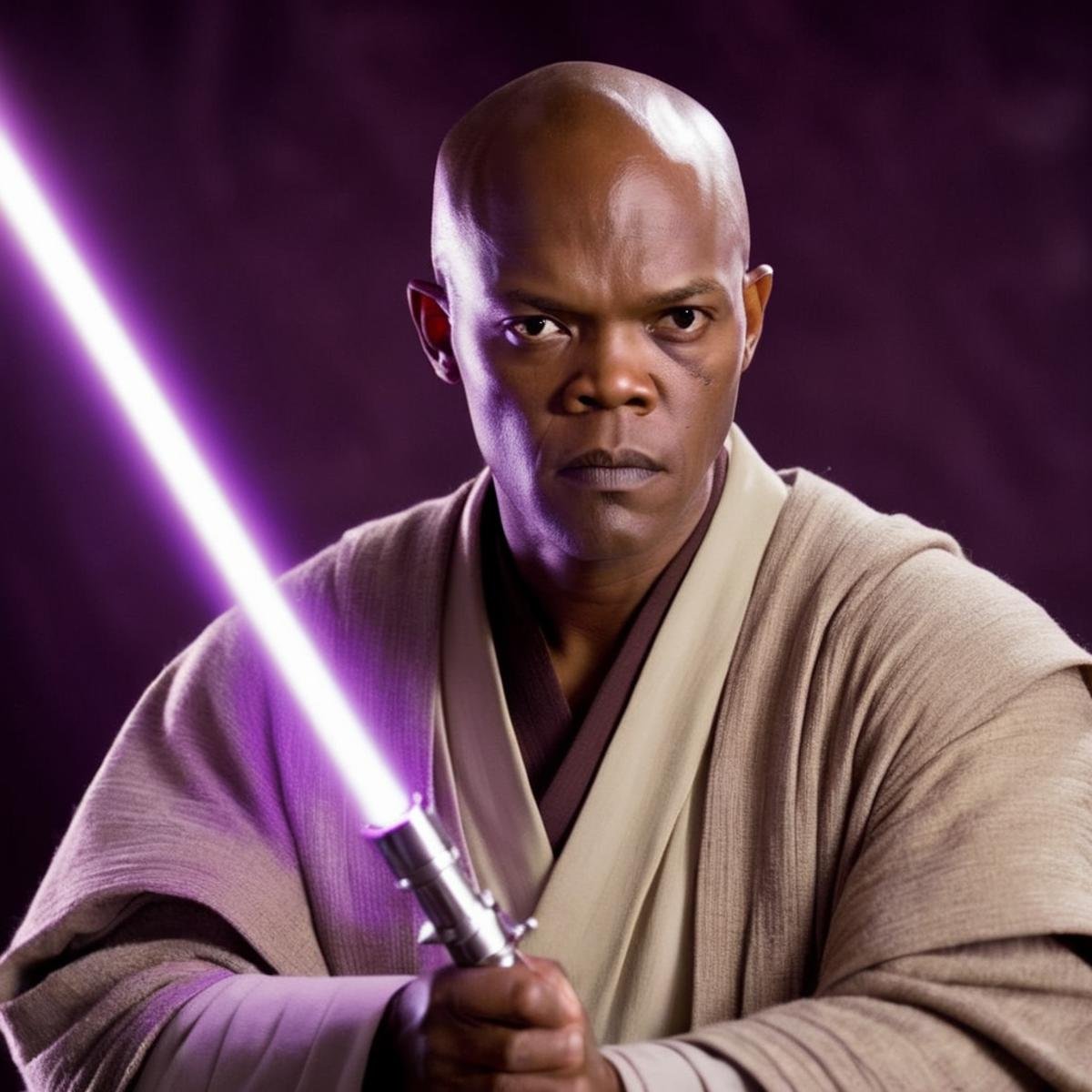 cinematic film still of  <lora:Mace Windu:1.2>Mace Windu a man in a jedi costume holding a purple light saber in star wars universe, shallow depth of field, vignette, highly detailed, high budget, bokeh, cinemascope, moody, epic, gorgeous, film grain, grainy