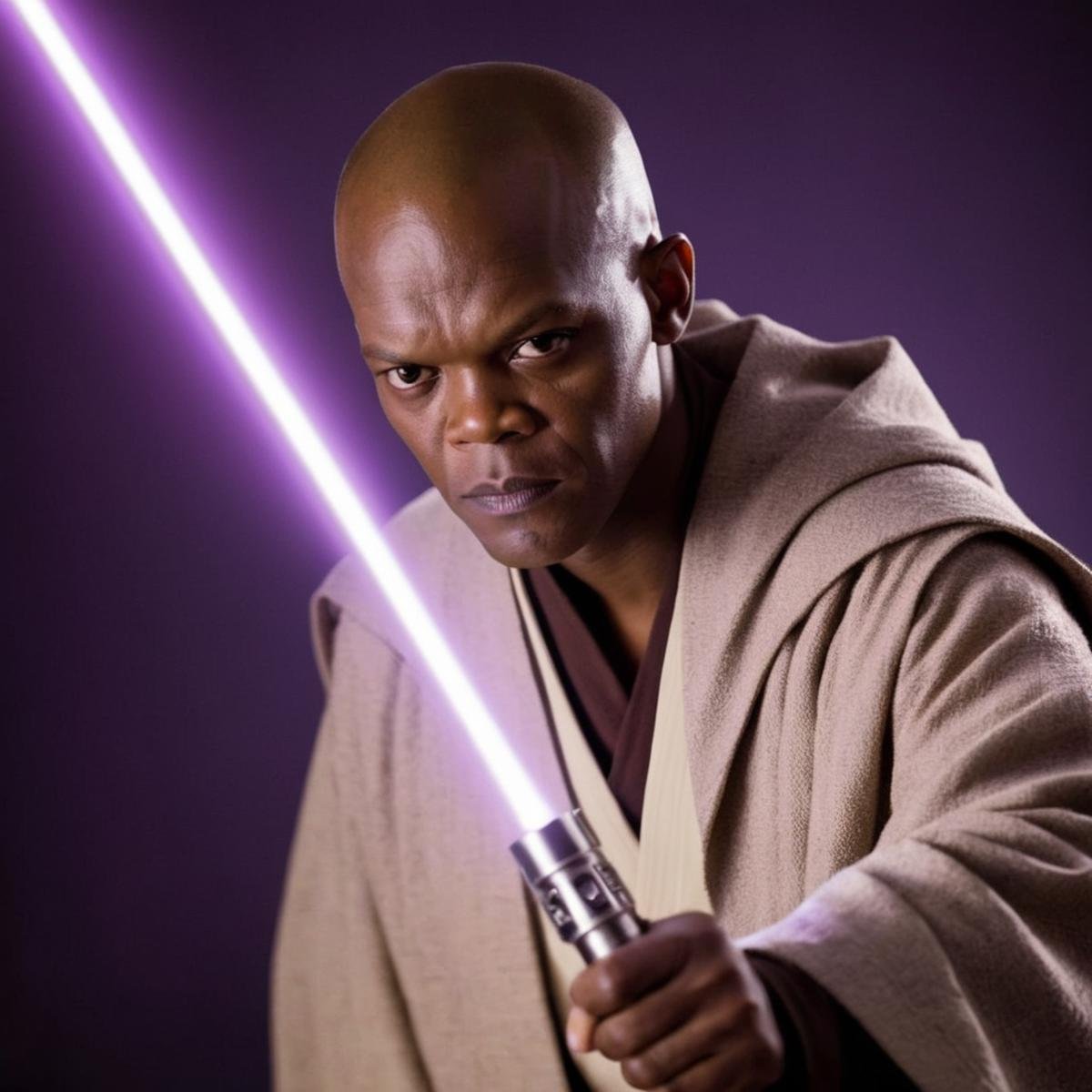 cinematic film still of  <lora:Mace Windu:1.2>Mace Windu a man in a robe holding a purple light saber in star wars universe, shallow depth of field, vignette, highly detailed, high budget, bokeh, cinemascope, moody, epic, gorgeous, film grain, grainy