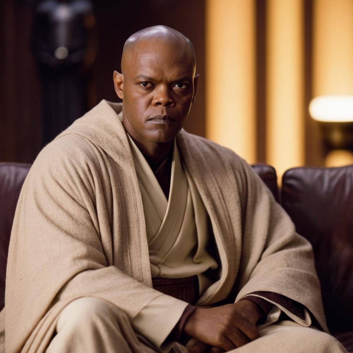 cinematic film still of  <lora:Mace Windu:1.2>Mace Windu a man in a robe sitting on a couch in star wars universe, shallow depth of field, vignette, highly detailed, high budget, bokeh, cinemascope, moody, epic, gorgeous, film grain, grainy