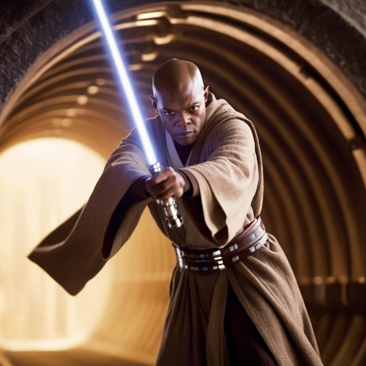 cinematic film still of  <lora:Mace Windu:1.2>Mace Windu a man in a robe is flying through a tunnel in star wars universe, shallow depth of field, vignette, highly detailed, high budget, bokeh, cinemascope, moody, epic, gorgeous, film grain, grainy