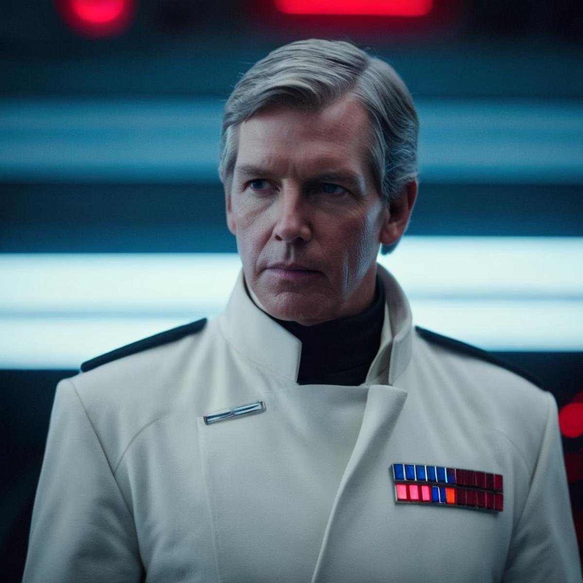 cinematic film still of  <lora:Orson Krennic:1.2>Orson Krennic a man in a white jacket with a red and blue tie in star wars universe, shallow depth of field, vignette, highly detailed, high budget, bokeh, cinemascope, moody, epic, gorgeous, film grain, grainy