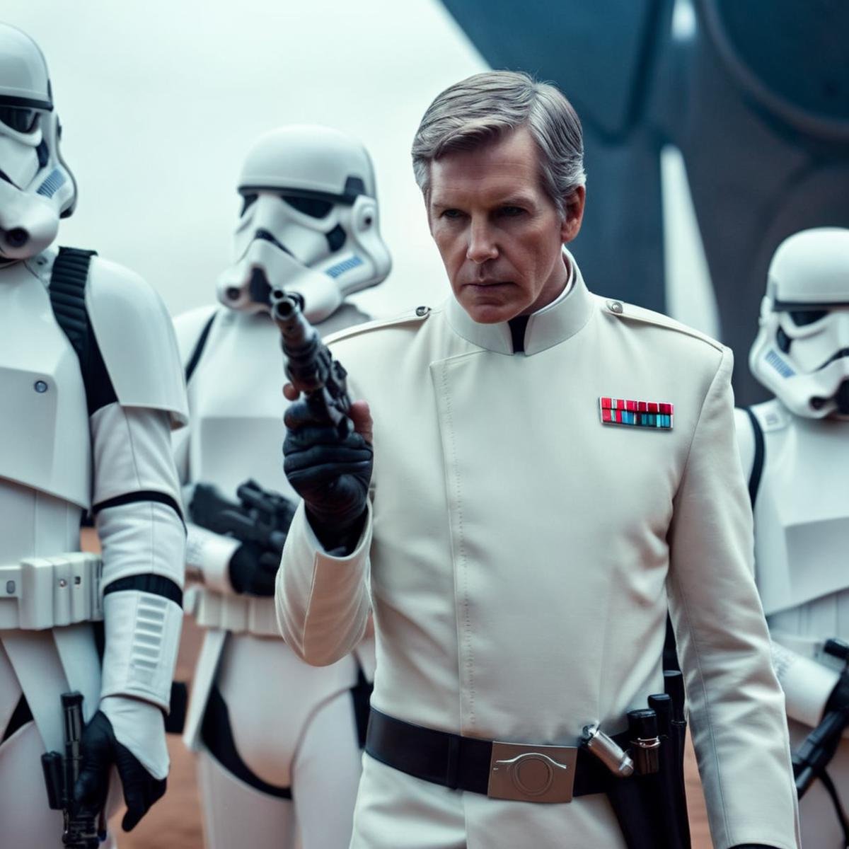 cinematic film still of  <lora:Orson Krennic:1.2>Orson Krennic a man in a white uniform holding a gun in star wars universe, shallow depth of field, vignette, highly detailed, high budget, bokeh, cinemascope, moody, epic, gorgeous, film grain, grainy