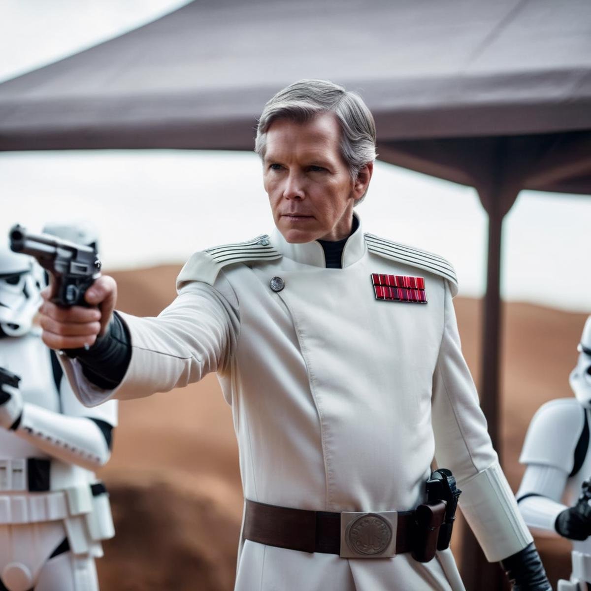 cinematic film still of  <lora:Orson Krennic:1.2>Orson Krennic a man in a star wars costume pointing a gun in star wars universe, shallow depth of field, vignette, highly detailed, high budget, bokeh, cinemascope, moody, epic, gorgeous, film grain, grainy