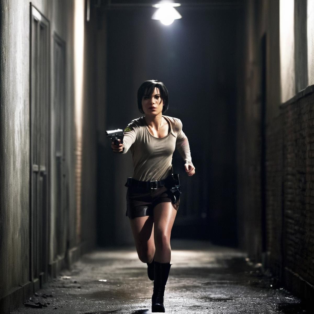 cinematic film still of  <lora:perfection style:0.5> <lora:detailed:0.5> perfection detailed <lora:Sairento Hiru style:1>In the mysterious New England town of Silent Hill Protagonist a woman running through a dark alley with a gun to the camera,1girl,solo,short hair,black hair,standing,indoors,window,scenery , cinematic, supernatural, horror style, Sairento Hiru style, shallow depth of field, vignette, highly detailed, high budget, bokeh, cinemascope, moody, epic, gorgeous, film grain, grainy