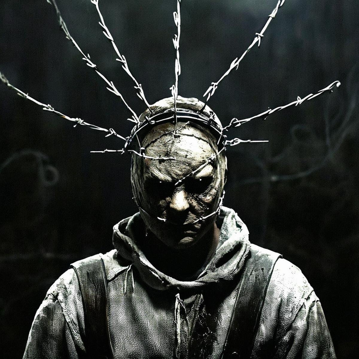 Horror-themed,  <lora:perfection style:0.5> <lora:detailed:0.5> perfection detailed <lora:Sairento Hiru style:0.9>In the mysterious New England town of Silent Hill Monsters and Creatures a closeup of a creepy looking man with a barbed wire around his head,wicked,evil,solo,weapon,sword,armor,no humans,helmet,black background , cinematic, supernatural, horror style, Sairento Hiru style, Eerie, unsettling, dark, spooky, suspenseful, grim, highly detailed