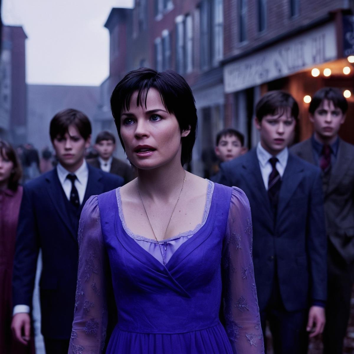 cinematic film still of  <lora:Sairento Hiru style:1>In the mysterious New England town of Silent Hill Antagonist a woman in a blue purple dress pointing at something up,black hair,long sleeves,male focus,multiple boys,formal,suit,pointing,realistic , cinematic, supernatural, horror style, Sairento Hiru style, shallow depth of field, vignette, highly detailed, high budget, bokeh, cinemascope, moody, epic, gorgeous, film grain, grainy