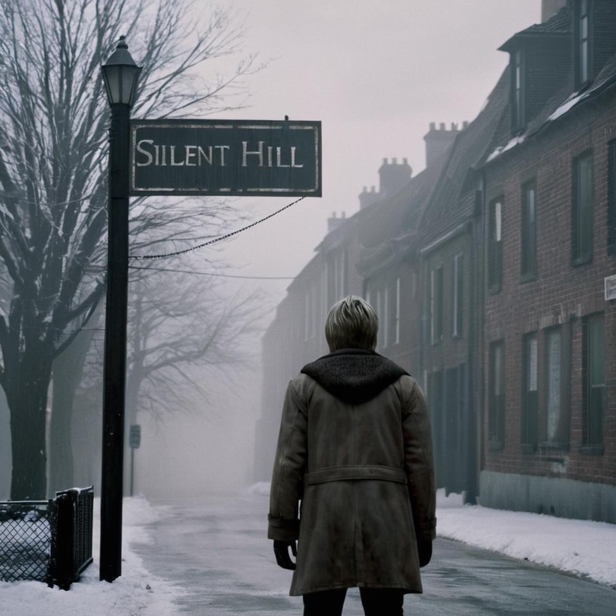 cinematic film still of  <lora:perfection style:0.5> <lora:detailed:0.5> perfection detailed <lora:Sairento Hiru style:1>In the mysterious New England town of Silent Hill Protagonist a person standing in the snow near a sign says "silent hill",solo,1boy,standing,male focus,outdoors,sky,cloud,from behind,english text,tree,coat,snow,sign,wide shot,grey sky , cinematic, supernatural, horror style, Sairento Hiru style, shallow depth of field, vignette, highly detailed, high budget, bokeh, cinemascope, moody, epic, gorgeous, film grain, grainy