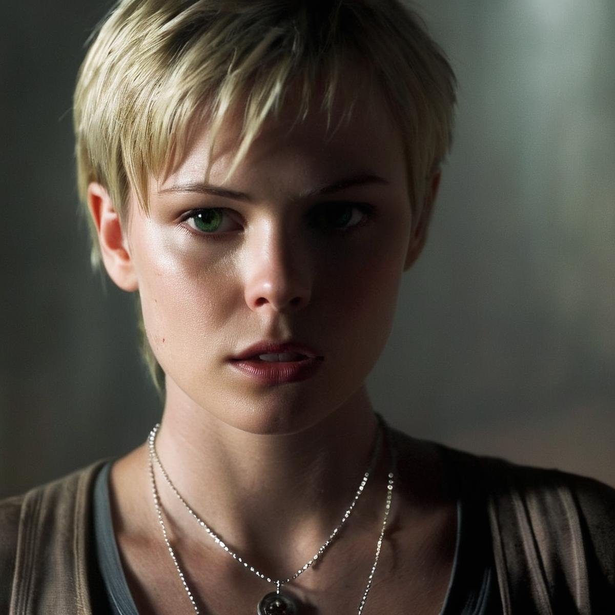 cinematic film still of  <lora:perfection style:0.5> <lora:detailed:0.5> perfection detailed <lora:Sairento Hiru style:1>In the mysterious New England town of Silent Hill Protagonist a woman with a necklace on her neck in the dark,1girl,looking at viewer,short hair,blonde hair,1boy,jewelry,green eyes,upper body,solo focus,necklace,blurry,blood,depth of field,blurry background,blood on face,realistic,dirty , cinematic, supernatural, horror style, Sairento Hiru style, shallow depth of field, vignette, highly detailed, high budget, bokeh, cinemascope, moody, epic, gorgeous, film grain, grainy