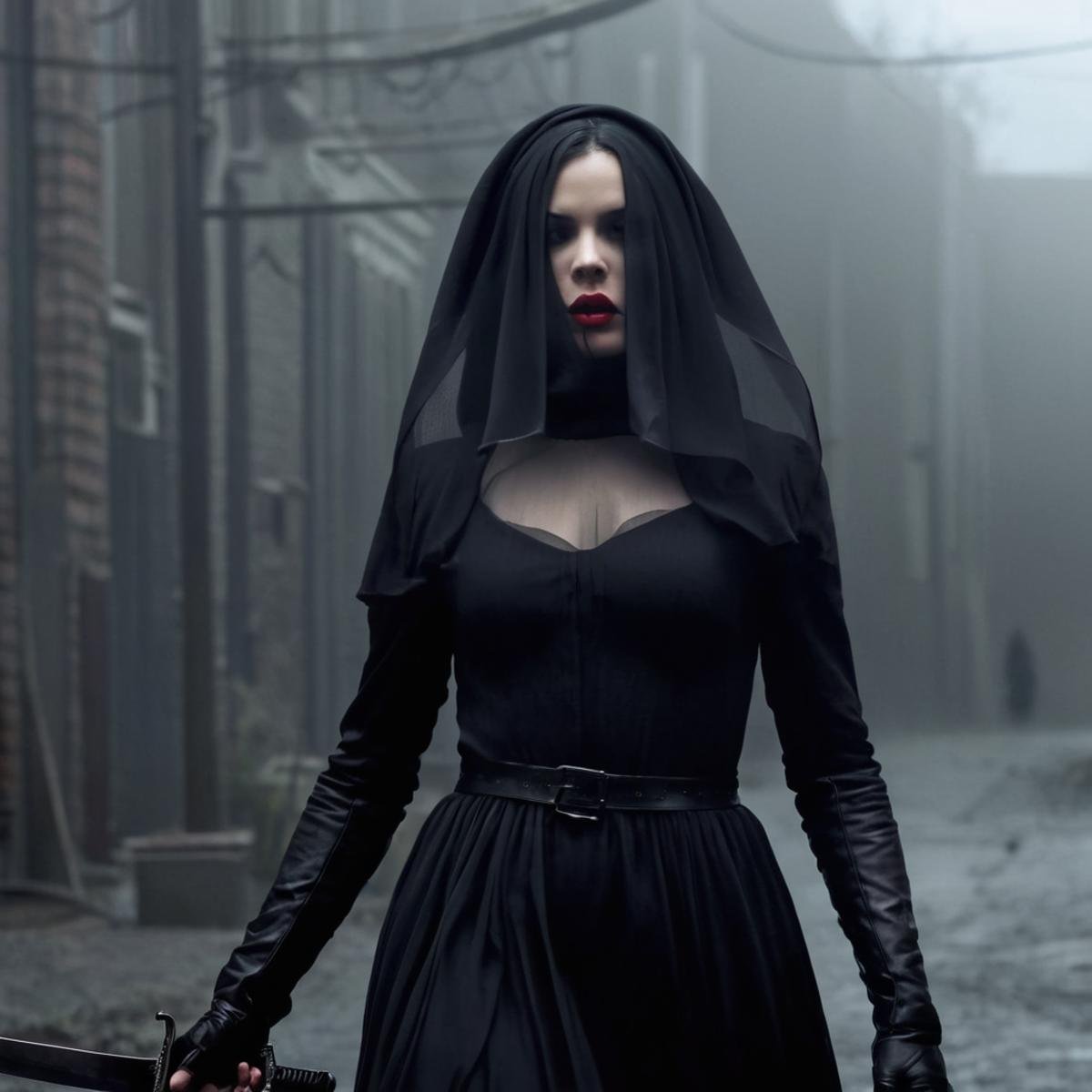 Horror-themed,  <lora:Sairento Hiru style:1>In the mysterious New England town of Silent Hill Antagonist a woman in a black dress and a black veil,1girl,solo,long hair,black hair,dress,closed mouth,upper body,weapon,sword,blurry,black dress,depth of field,blurry background,veil,red lips , cinematic, supernatural, horror style, Sairento Hiru style, Eerie, unsettling, dark, spooky, suspenseful, grim, highly detailed