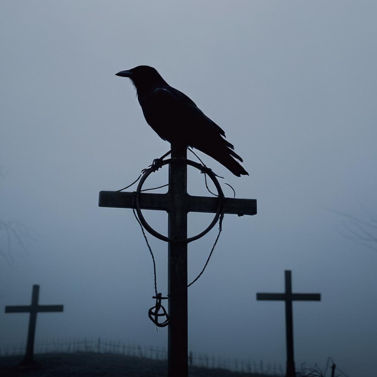 cinematic film still of  <lora:perfection style:0.5> <lora:detailed:0.5> perfection detailed <lora:Sairento Hiru style:0.9>In the mysterious New England town of Silent Hill a dark crow bird sitting on top of a cross in the fog at night,standing,monochrome,sky,blurry,no humans,bird,animal,scenery,blue theme,silhouette,animal focus , cinematic, supernatural, horror style, Sairento Hiru style, shallow depth of field, vignette, highly detailed, high budget, bokeh, cinemascope, moody, epic, gorgeous, film grain, grainy