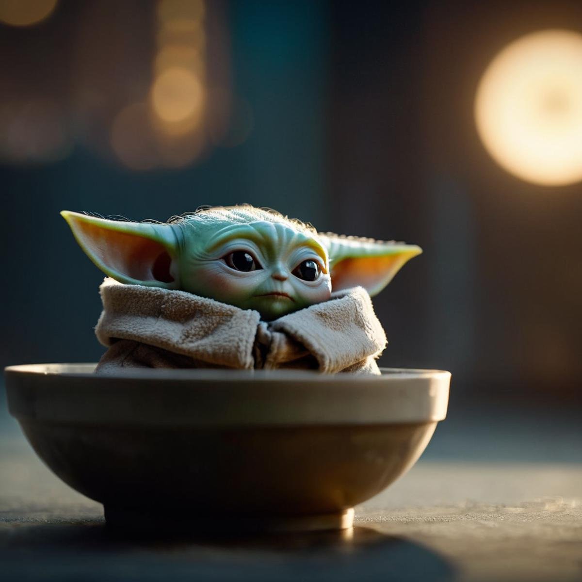 cinematic film still of  <lora:Grogu:1>Grogu a baby yoda is sitting in a bowl in star wars universe, shallow depth of field, vignette, highly detailed, high budget, bokeh, cinemascope, moody, epic, gorgeous, film grain, grainy