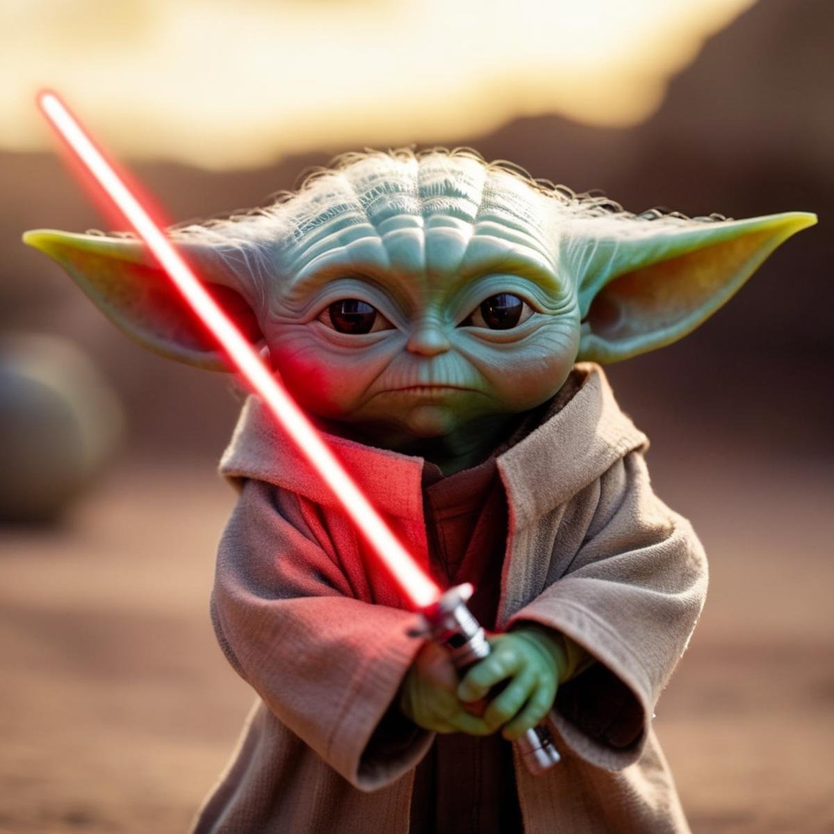 cinematic film still of  <lora:Grogu:1>Grogu a evil yoda in a star wars costume holding a red light saber sword in star wars universe, shallow depth of field, vignette, highly detailed, high budget, bokeh, cinemascope, moody, epic, gorgeous, film grain, grainy