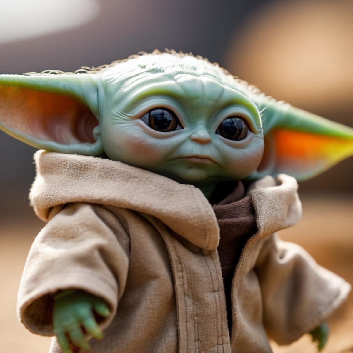 cinematic film still of  <lora:Grogu:1>Grogu a baby yoda doll is posed for a picture in star wars universe, shallow depth of field, vignette, highly detailed, high budget, bokeh, cinemascope, moody, epic, gorgeous, film grain, grainy