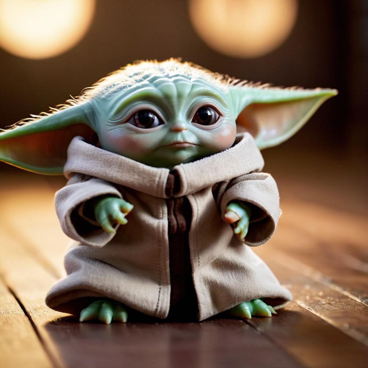 cinematic film still of  <lora:Grogu:1>Grogu a baby yoda is sitting on a wooden floor in star wars universe, shallow depth of field, vignette, highly detailed, high budget, bokeh, cinemascope, moody, epic, gorgeous, film grain, grainy