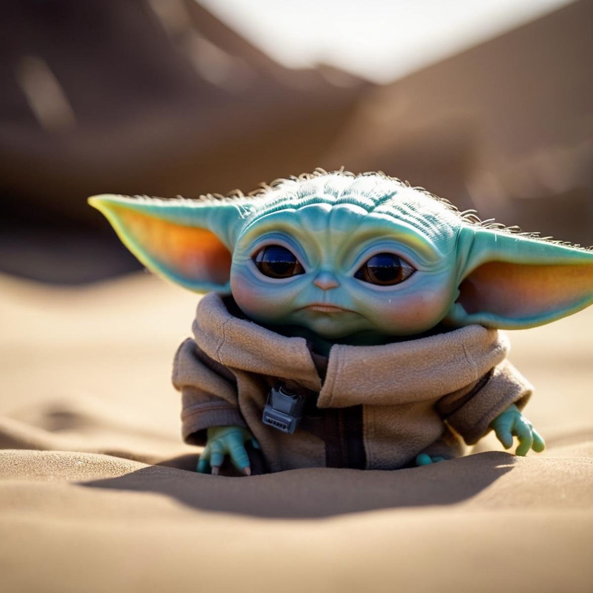 cinematic film still of  <lora:Grogu:1>Grogu a baby yoda is sitting in a ball in star wars universe, shallow depth of field, vignette, highly detailed, high budget, bokeh, cinemascope, moody, epic, gorgeous, film grain, grainy