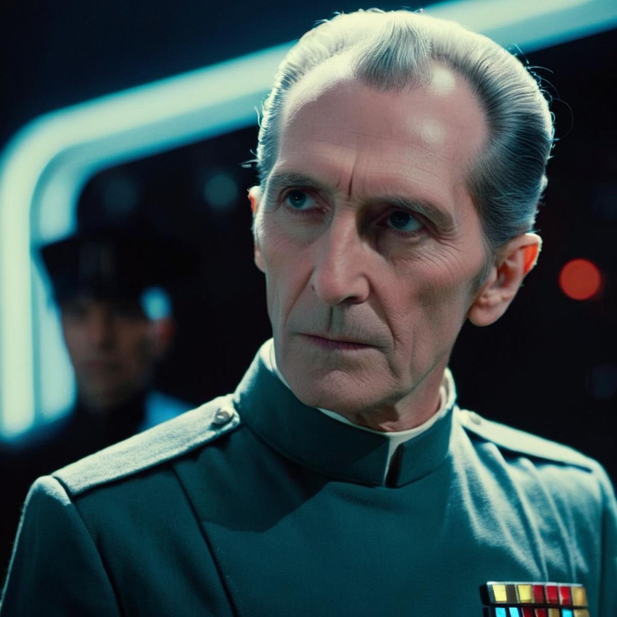 cinematic film still of  <lora:Wilhuff Tarkin:1.2>Wilhuff Tarkin a man in a star trek uniform looks at the camera in star wars universe, shallow depth of field, vignette, highly detailed, high budget, bokeh, cinemascope, moody, epic, gorgeous, film grain, grainy