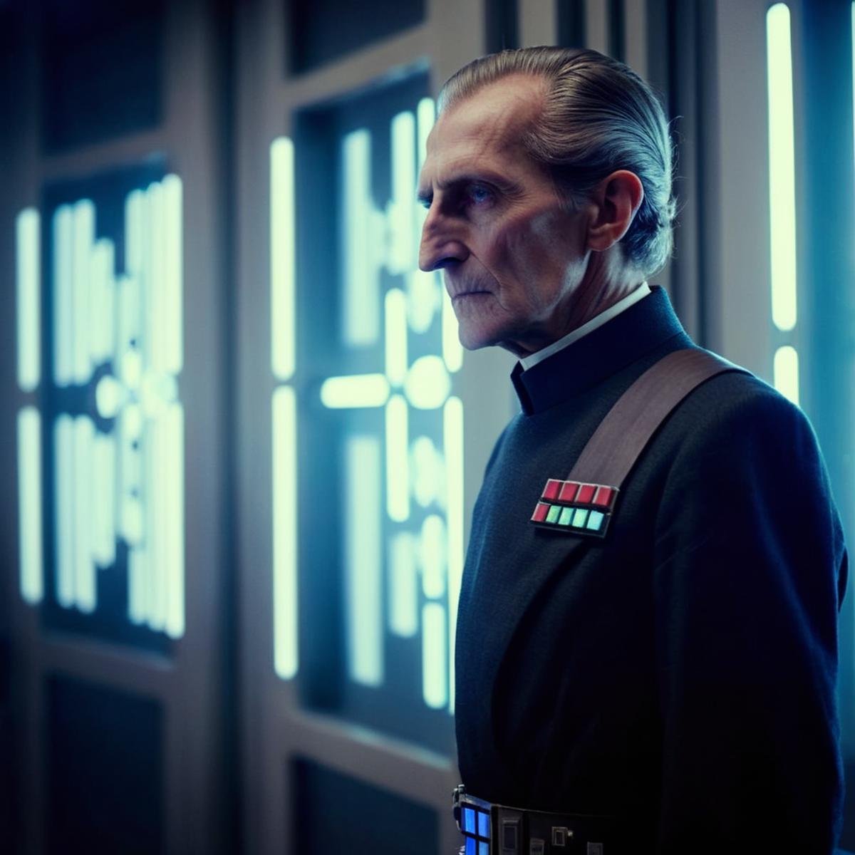 cinematic film still of  <lora:Wilhuff Tarkin:1.2>Wilhuff Tarkin a man in a suit standing in front of a window in star wars universe, shallow depth of field, vignette, highly detailed, high budget, bokeh, cinemascope, moody, epic, gorgeous, film grain, grainy