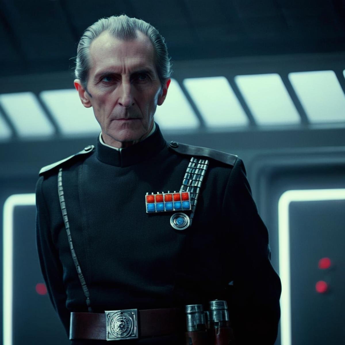 cinematic film still of  <lora:Wilhuff Tarkin:1.2>Wilhuff Tarkin a man in a uniform is holding a bolt gun in star wars universe, shallow depth of field, vignette, highly detailed, high budget, bokeh, cinemascope, moody, epic, gorgeous, film grain, grainy