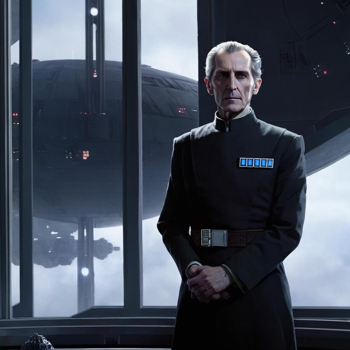 Dark Fantasy Art of  <lora:Wilhuff Tarkin:1.2>Wilhuff Tarkin a man in a suit standing in front of a window in star wars universe, dark, moody, dark fantasy style