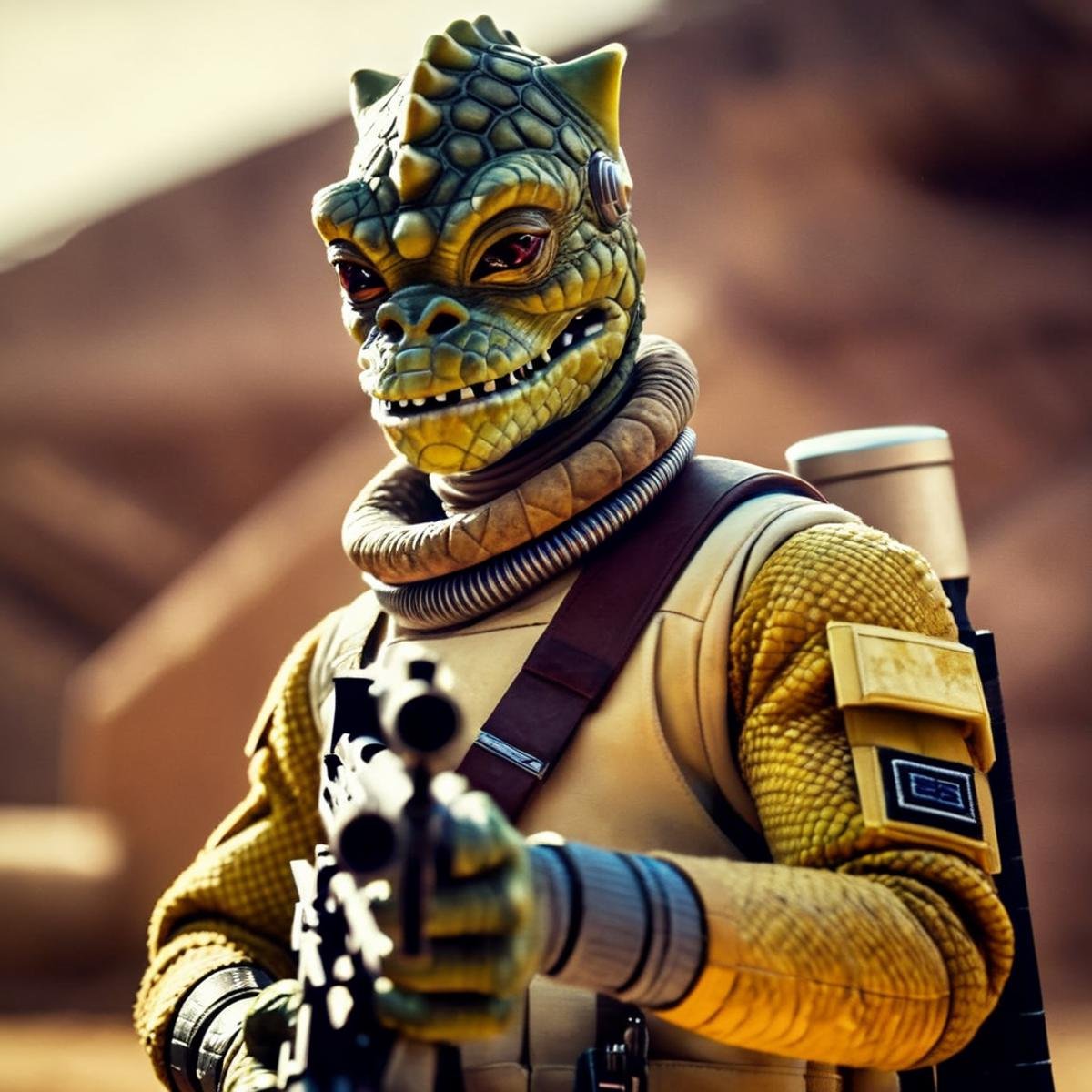 cinematic film still of  <lora:Bossk:1.2>Bossk a reptilian cartoon character with a gun and a helmet in star wars universe, shallow depth of field, vignette, highly detailed, high budget, bokeh, cinemascope, moody, epic, gorgeous, film grain, grainy