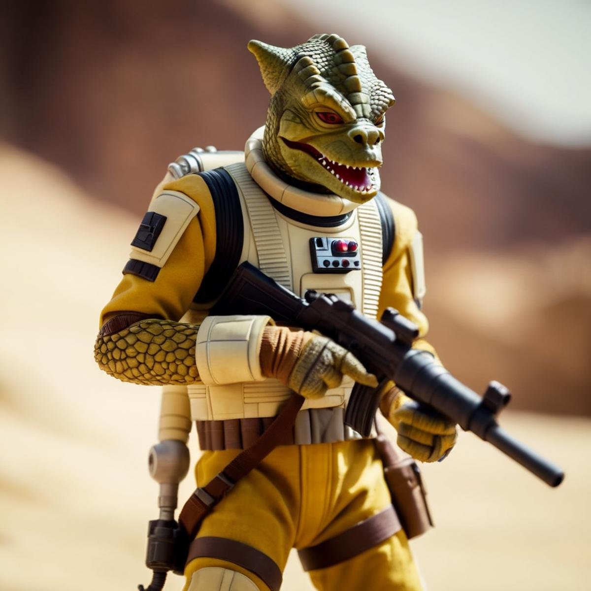 cinematic film still of  <lora:Bossk:1.2>Bossk a reptilian cartoon character with a gun and a helmet in star wars universe, shallow depth of field, vignette, highly detailed, high budget, bokeh, cinemascope, moody, epic, gorgeous, film grain, grainy