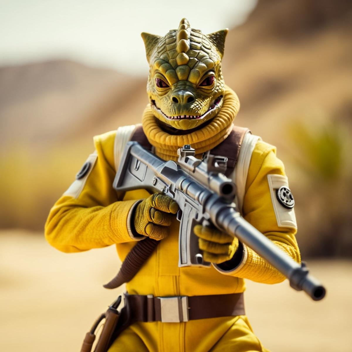 cinematic film still of  <lora:Bossk:1.2>Bossk a reptilian creature in a yellow outfit holding a gun in star wars universe, shallow depth of field, vignette, highly detailed, high budget, bokeh, cinemascope, moody, epic, gorgeous, film grain, grainy