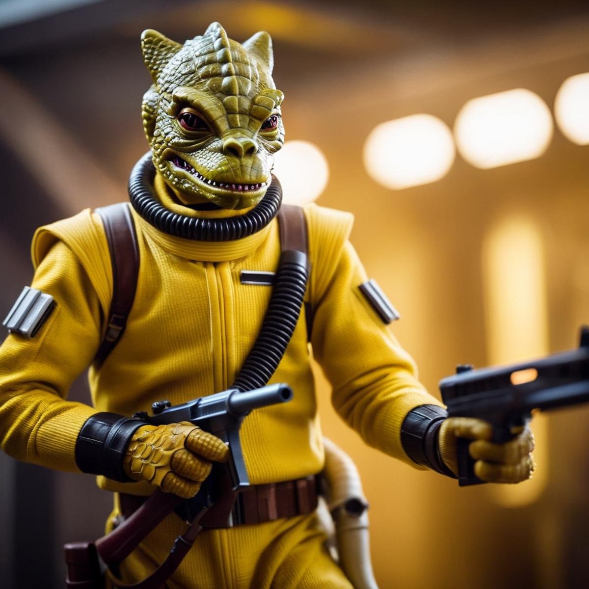 cinematic film still of  <lora:Bossk:1.2>Bossk a reptilian creature in a yellow outfit holding a gun in star wars universe, shallow depth of field, vignette, highly detailed, high budget, bokeh, cinemascope, moody, epic, gorgeous, film grain, grainy