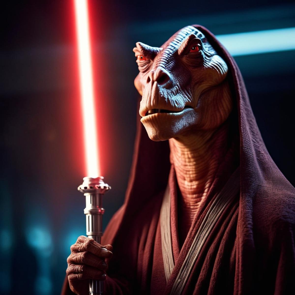 cinematic film still of  <lora:darth jar jar binks:1.2>darth jar jar binks a creature in a robe with lights on his head in star wars universe, shallow depth of field, vignette, highly detailed, high budget, bokeh, cinemascope, moody, epic, gorgeous, film grain, grainy