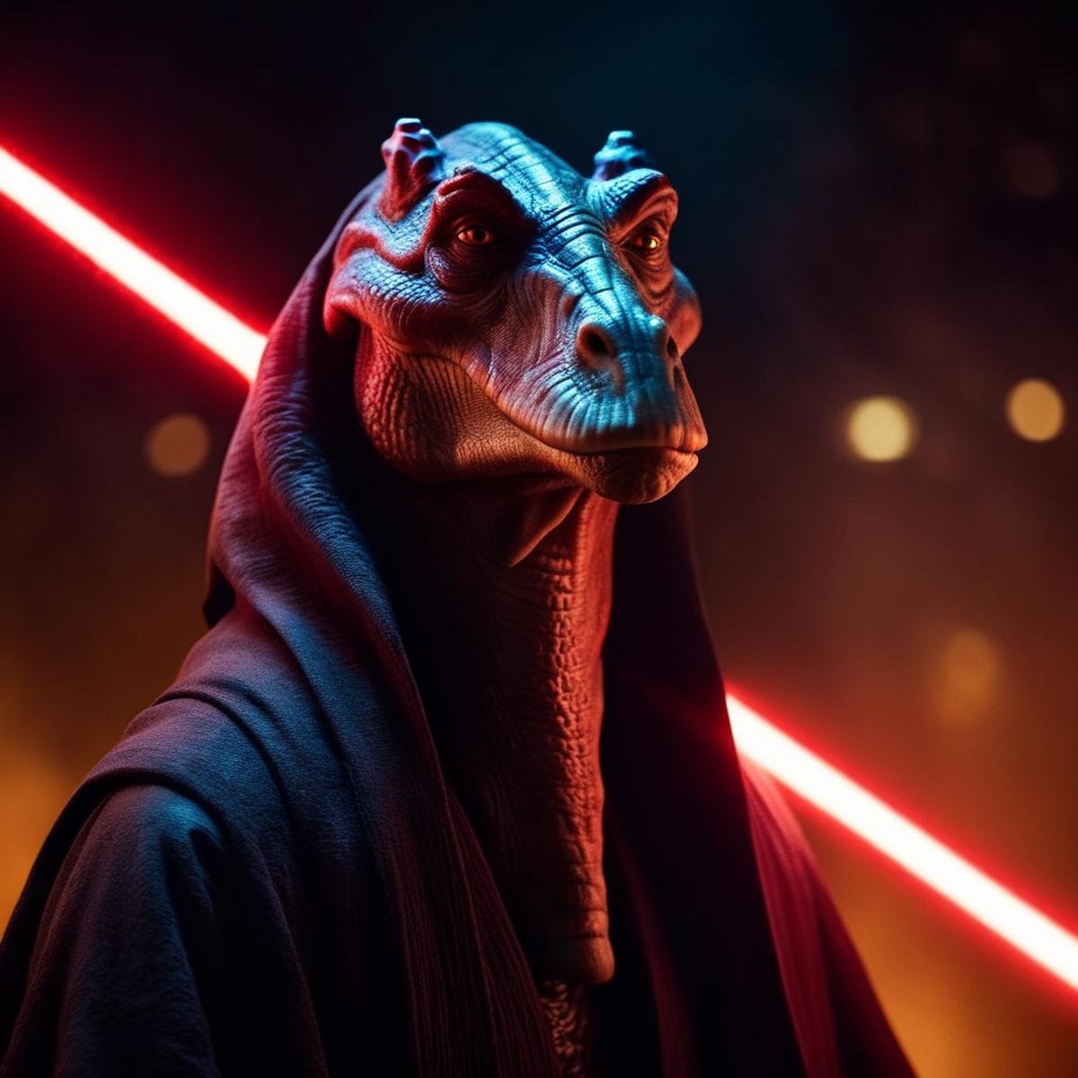 cinematic film still of  <lora:darth jar jar binks:1.2>darth jar jar binks a creature in a dark robe with a red light saber in star wars universe, shallow depth of field, vignette, highly detailed, high budget, bokeh, cinemascope, moody, epic, gorgeous, film grain, grainy