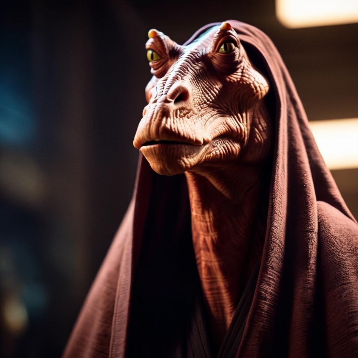 cinematic film still of  <lora:darth jar jar binks:1.2>darth jar jar binks a creature in a robe in star wars universe, shallow depth of field, vignette, highly detailed, high budget, bokeh, cinemascope, moody, epic, gorgeous, film grain, grainy