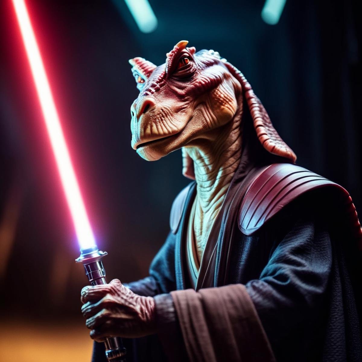 cinematic film still of  <lora:darth jar jar binks:1.2>darth jar jar binks a creature in a star wars costume holding a light saber in star wars universe, shallow depth of field, vignette, highly detailed, high budget, bokeh, cinemascope, moody, epic, gorgeous, film grain, grainy