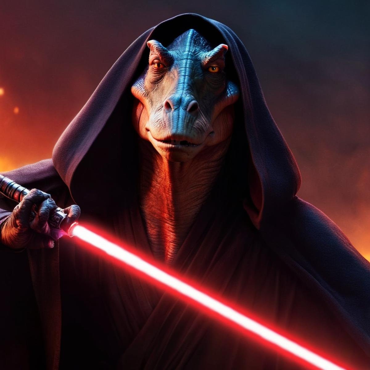 concept art of  <lora:darth jar jar binks:1.2>darth jar jar binks a creature in a dark robe with a red light saber in star wars universe, digital artwork, illustrative, painterly, matte painting, highly detailed