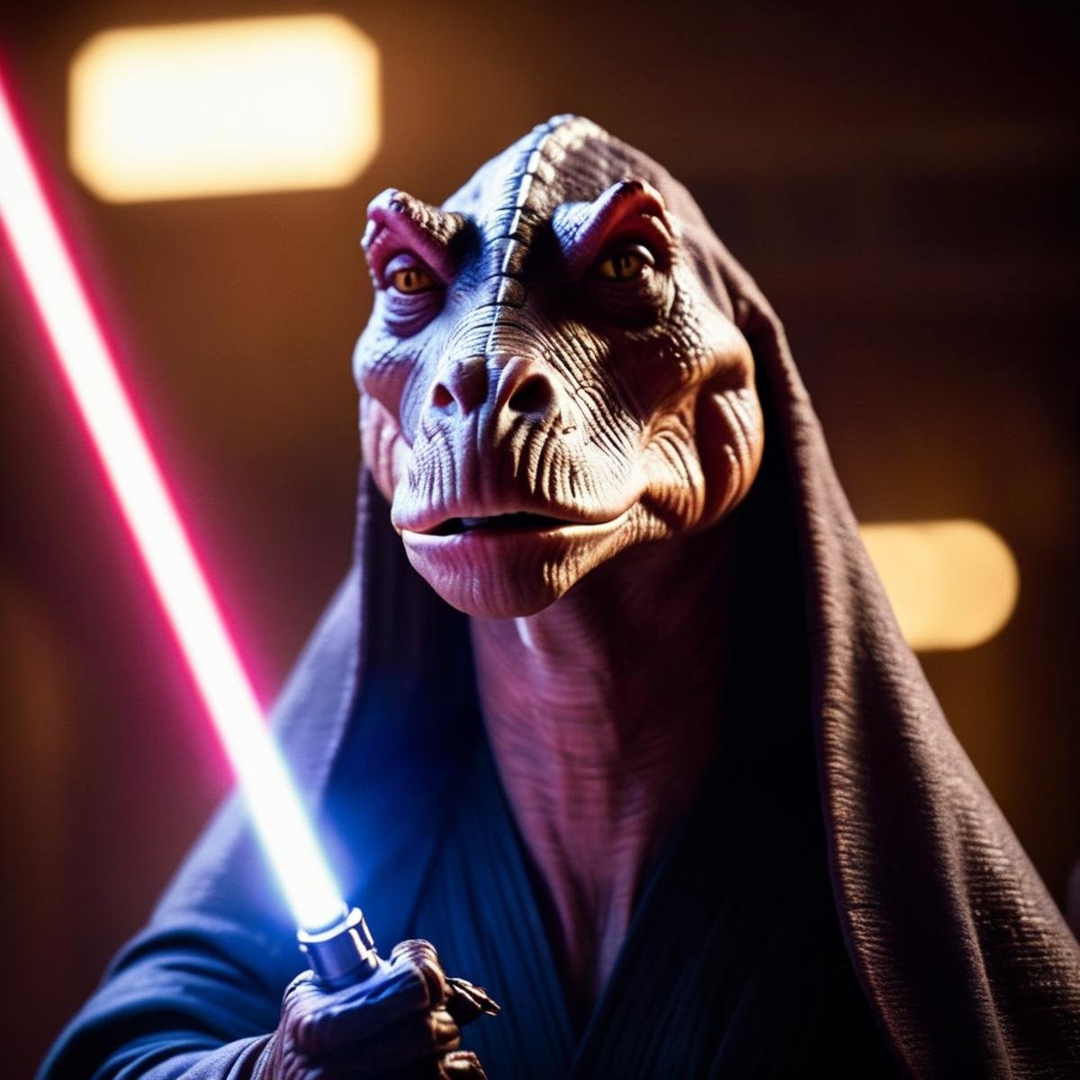 cinematic film still of  <lora:darth jar jar binks:1.2>darth jar jar binks a creature in a star wars costume holding a light saber in star wars universe, shallow depth of field, vignette, highly detailed, high budget, bokeh, cinemascope, moody, epic, gorgeous, film grain, grainy