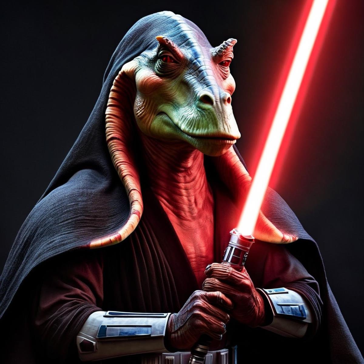 Hyperrealistic art of  <lora:darth jar jar binks:1.2>darth jar jar binks a creature in a star wars costume holding a light saber in star wars universe, Extremely high-resolution details, photographic, realism pushed to extreme, fine texture, incredibly lifelike