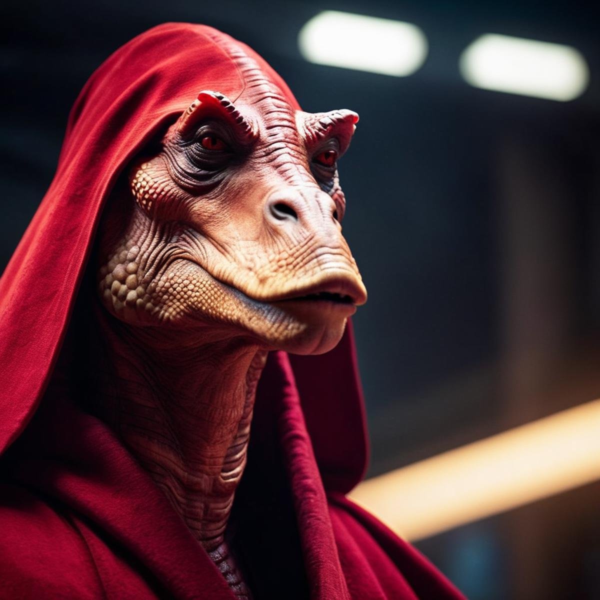 cinematic film still of  <lora:darth jar jar binks:1.2>darth jar jar binks a close up of a creature with a red robe in star wars universe, shallow depth of field, vignette, highly detailed, high budget, bokeh, cinemascope, moody, epic, gorgeous, film grain, grainy