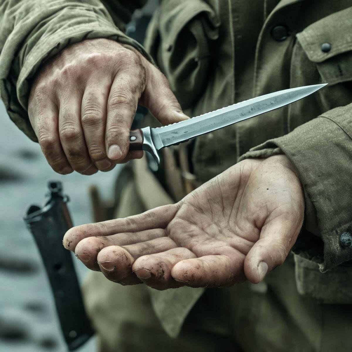 concept art of a man holding an epic perfect shaped knife in his hand Saving Private Ryan Cinematic Film Style <lora:Saving Private Ryan Cinematic Film Style:1> <lora:PerfectEyesXL:1> <lora:lora6:1> <lora:perfect hands:1>perfect hands, digital artwork, illustrative, painterly, matte painting, highly detailed