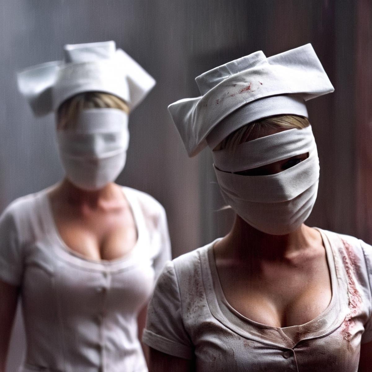 cinematic film still of  <lora:perfection style:0.5> <lora:detailed:0.5> perfection detailed <lora:Sairento Hiru style:0.9> <lora:Nurse:0.9>In the mysterious New England town of Silent Hill faceless Nurse a creepy Nurse of a woman with a bandage on her head,1girl,solo,breasts,hat,bandages , cinematic, supernatural, horror style, Sairento Hiru style, shallow depth of field, vignette, highly detailed, high budget, bokeh, cinemascope, moody, epic, gorgeous, film grain, grainy