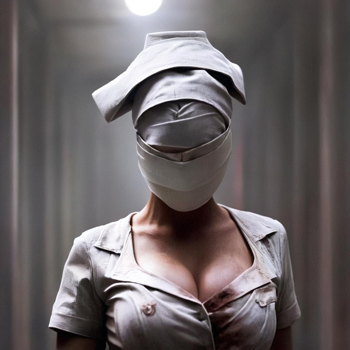 cinematic film still of  <lora:perfection style:0.5> <lora:detailed:0.5> perfection detailed <lora:Sairento Hiru style:0.9> <lora:Nurse:1>In the mysterious New England town of Silent Hill faceless Nurse a woman with a bandage on her head,1girl,solo,breasts,hat,cleavage,collarbone,upper body,artist name,signature,facing viewer,veins,nurse cap,horror (theme) , cinematic, supernatural, horror style, Sairento Hiru style, shallow depth of field, vignette, highly detailed, high budget, bokeh, cinemascope, moody, epic, gorgeous, film grain, grainy