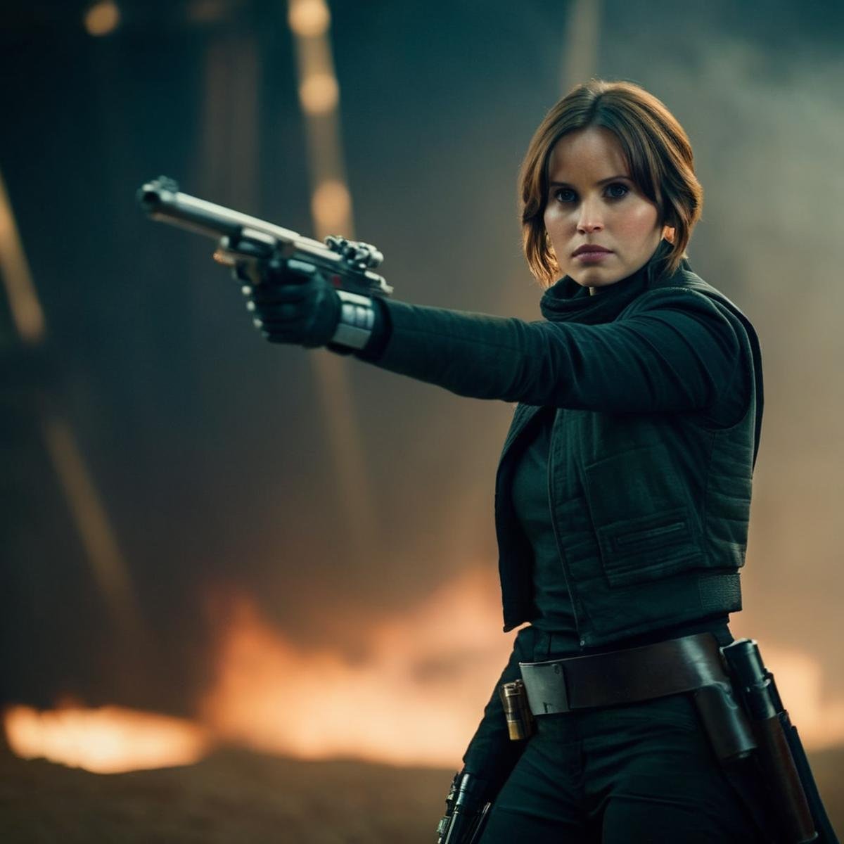 cinematic film still of  <lora:Jyn Erso:1.2>Jyn Erso a woman in a black jacket holding a gun in star wars universe, shallow depth of field, vignette, highly detailed, high budget, bokeh, cinemascope, moody, epic, gorgeous, film grain, grainy