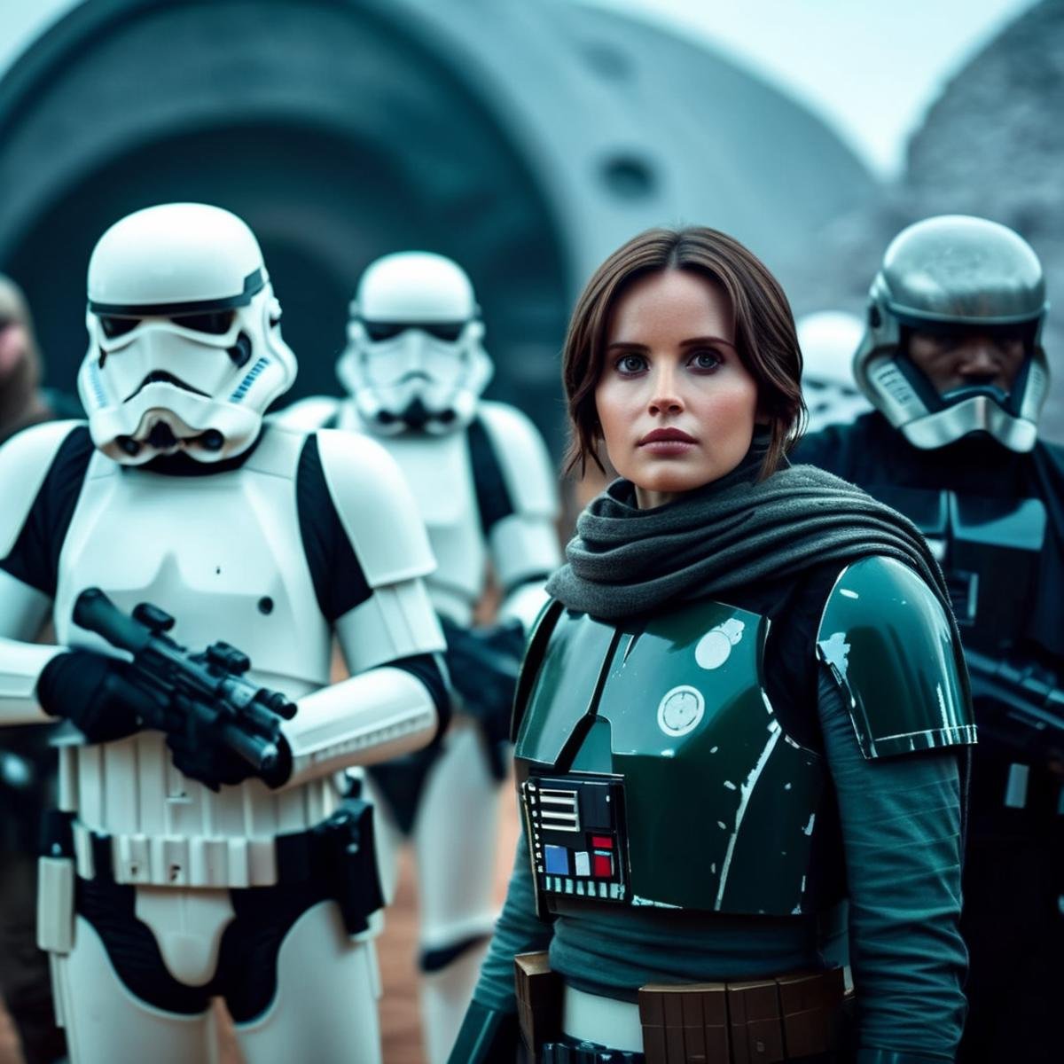 cinematic film still of  <lora:Jyn Erso:1.2>Jyn Erso a hot woman in a star wars costume surrounded by stormtroopers in star wars universe, shallow depth of field, vignette, highly detailed, high budget, bokeh, cinemascope, moody, epic, gorgeous, film grain, grainy