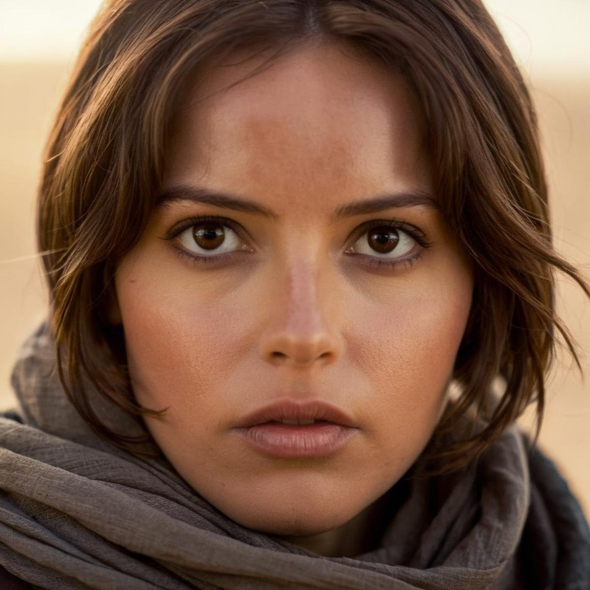 cinematic film still of  <lora:Jyn Erso:1.2>Jyn Erso a closeup of a detailed hot perfect epic face beautiful woman with a scarf on looking at the camera in star wars universe, shallow depth of field, vignette, highly detailed, high budget, bokeh, cinemascope, moody, epic, gorgeous, film grain, grainy