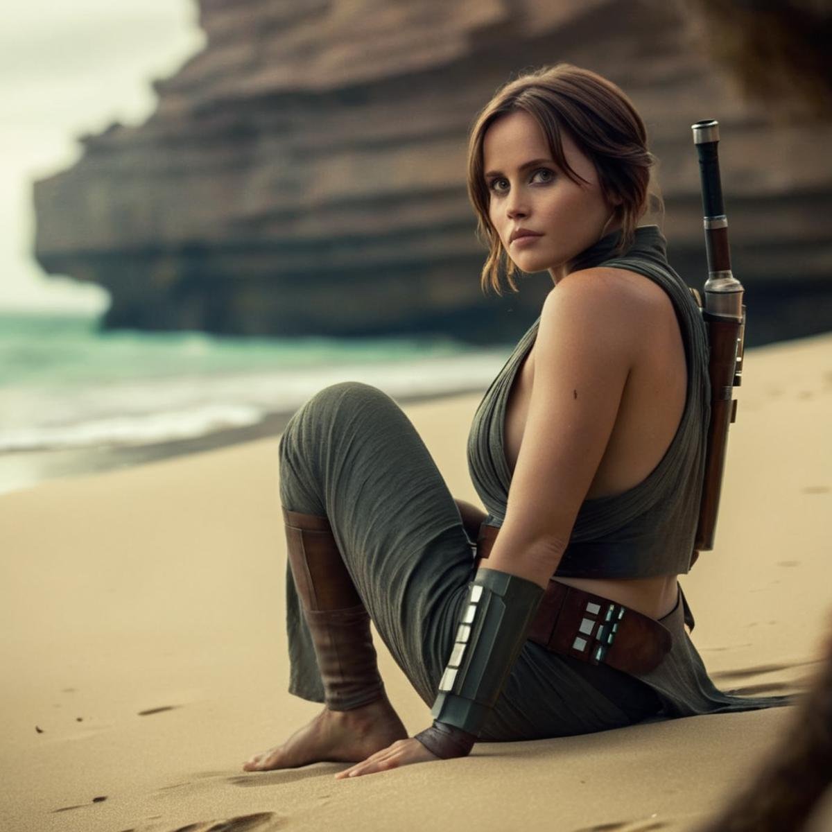 cinematic film still of  <lora:Jyn Erso:1.2>Jyn Erso an epic realistic photo of a hot attractive naked ass woman sitting on a beach next to a body of water in star wars universe, shallow depth of field, vignette, highly detailed, high budget, bokeh, cinemascope, moody, epic, gorgeous, film grain, grainy