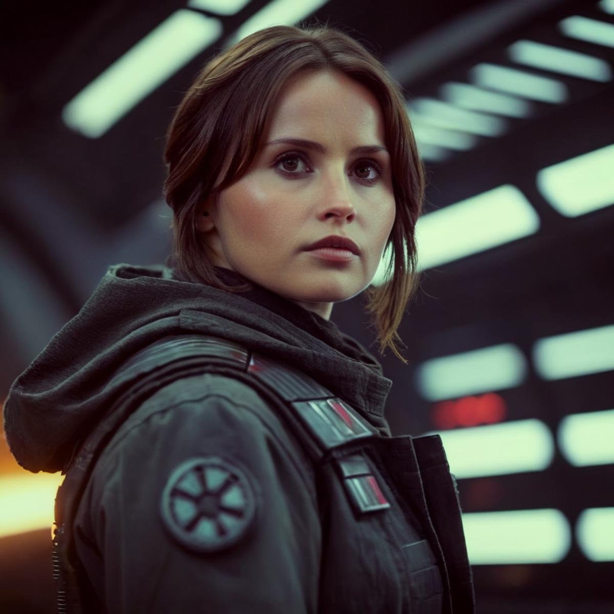 cinematic film still of  <lora:Jyn Erso:1.2>Jyn Erso a closeup of a hot perfect face beautiful woman in a black jacket looking at something in star wars universe, shallow depth of field, vignette, highly detailed, high budget, bokeh, cinemascope, moody, epic, gorgeous, film grain, grainy